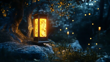 Wall Mural - Enchanting lantern illuminating a peaceful landscape at night surrounded by nature's serenity and twinkling lights