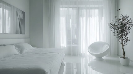 Aufkleber - Exploring tranquility a minimalist bedroom interior adorned with white decor and soft ambient lighting for serene living