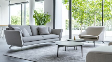 Simple modern living room with gray and white furniture. Featuring a clean, bright layout with minimal decoration. Showcasing contemporary style and serenity. Ideal for home decor marketing