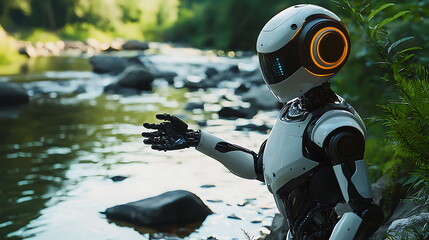 Poster - Futuristic robot interacting with nature by a serene river in a lush green landscape a glimpse into tomorrow's harmony with the environment
