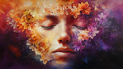 Poster - A tranquil portrait of serenity a face enveloped in lush floral patterns and vivid colors celebrating nature's beauty