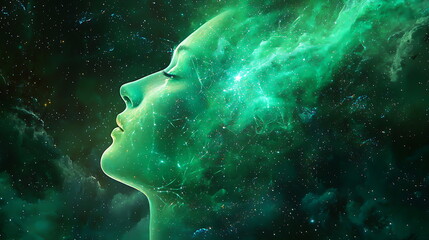 Poster - The serene essence of a cosmic woman exploring ethereal beauty and celestial harmony in a vibrant universe