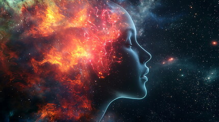 Fototapete - Exploring the cosmic connection the silhouette of a woman merging with the universe through celestial elements in her mind