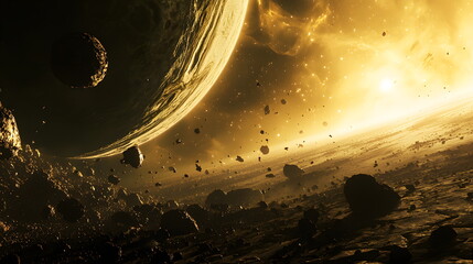 Aufkleber - Exploring the mysteries of a golden cosmic landscape a journey through planets asteroids and celestial wonders
