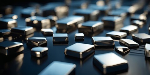 Poster - A close up of many shiny silver cubes on a dark background