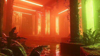 Poster - A forgotten temple transformed the enigmatic fusion of nature and technology in a vibrant cyber plant oasis