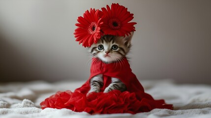 Cat dressed in a long bright red dress with a red flower crown. Cute kitten dancer portrait, creative animal pet greeting card, Christmas birthday holiday event digital art wallpaper.