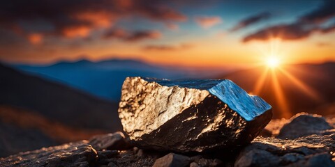 Poster - A large rock sits on a rocky hillside, with the sun shining brightly behind it