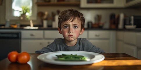 Wall Mural - Child reluctant to eat vegetables on a wooden table in a cozy kitchen