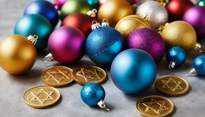 Colorful Christmas ornaments and Hanukkah gelt coins create festive holiday scene