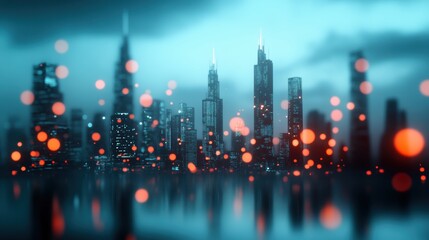 Poster - A futuristic cityscape with towering buildings adorned with holographic displays showcasing cutting edge technology.