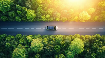 Poster - A solar powered electric car driving along a clean and green highway, showcasing sustainable transportation.