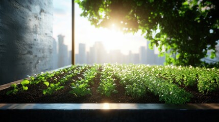 Poster - A rooftop garden with urban farming initiatives, showcasing the integration of green spaces in a dense urban environment.
