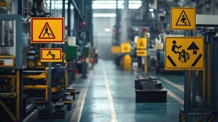 Factory safety signs, featuring warning signs and instructions placed around machinery and high-risk areas to promote worker safety