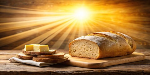 Freshly baked bread with butter and sunrays leading lines