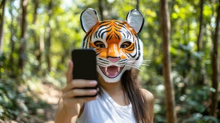 A person wearing a tiger mask takes a selfie in a lush green forest. Quadrobics, all fours activity and quads subculture concept