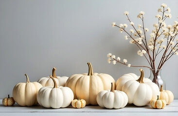 Wall Mural - pumpkins colored in white and some branches with white little flowers on the light grey background w