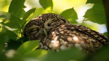 A sleeping owl nestled among green leaves, showcasing its peaceful nature.