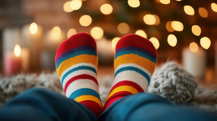 Cozy close up of colorful patterned socks on feet, perfect for warm atmosphere during holidays. vibrant stripes add cheerful touch to festive setting