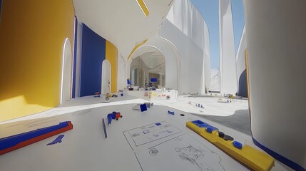 Wall Mural - A modern, minimalist interior with blue, yellow, and white walls and arches, featuring a blueprint and scattered building blocks.