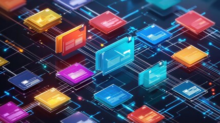 Poster - Digital Data Network with Colorful File Icons