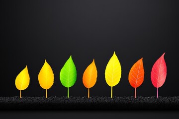 Wall Mural - Row of leaves with different colors, including yellow, orange, are arranged in a line. Visual of a growing tree with branches representing skills, competencies could convey concept of aligned personal