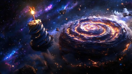 Wall Mural - a cosmic scene featuring a spiral galaxy and a cake-like structure with a candle.