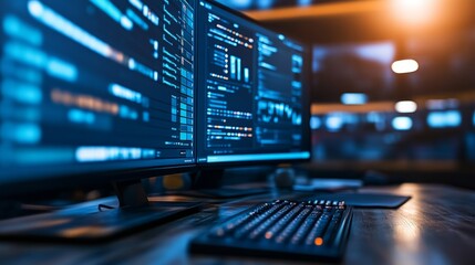 Two computer monitors with code on the screen and a keyboard on a wooden desk.