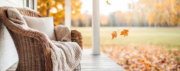 Cozy porch scene with a wicker chair, soft blanket, and autumn leaves gently falling, evoking a warm, inviting atmosphere of relaxation.