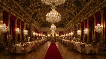 opulent, grand banquet hall adorned with crystal chandeliers and luxurious red drapery, set for roya