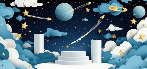 Wall Mural - a whimsical cosmic scene with planets, clouds, and stars, evoking imagination and wonder.