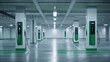 © inthasone - Electric car charger signs, charging points for electric vehicles, and an empty parking garage with charging stations.