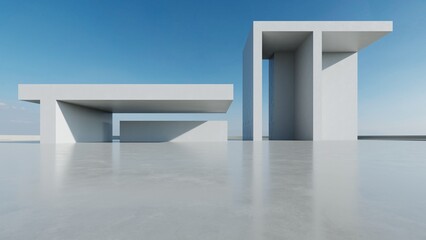 Leinwandbilder - 3d render of abstract modern concrete white architecture with empty cement floor, minimal exterior, car presentation background