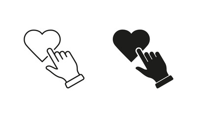 Poster - Click Heart Shape Button Pictogram. Finger Tap On Heart Line and Silhouette Icon Set. Love At Valentine's Day Symbol. Editable Stroke. Isolated Vector Illustration
