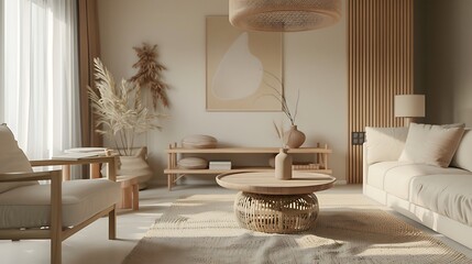 Interior of beautiful living room with style mock up, rattan ceiling lamp and wooden furniture