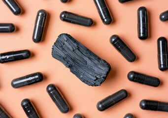 charcoal, capsules, black, healthy lifestyle, flat lay, background, natural products, wellness, beauty, supplement, alternative medicine, detox, circular composition, minimalist design, organic, holi