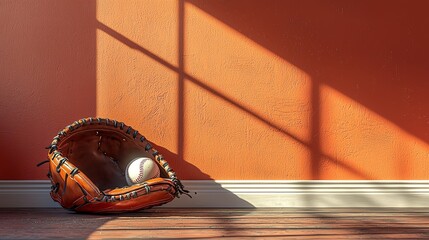 Baseball catcher s mitt and ball, dugout scene, 3D illustration