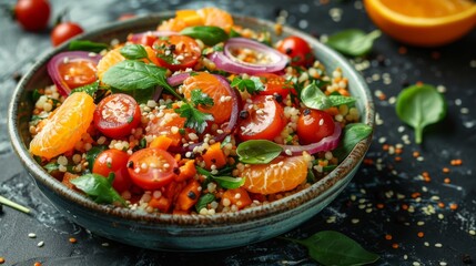 Winter season. Vegetable Millet salad with red onion, cherry tomatoes, spinach, tangerine and clementine dressing. healthy food