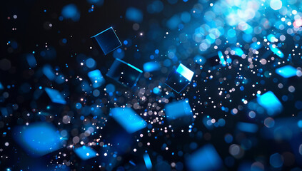 Wall Mural - blue cube flying in dark place