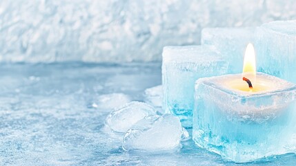 Ice candle burning in frozen cubes. Concept: contrast of warmth and cold.