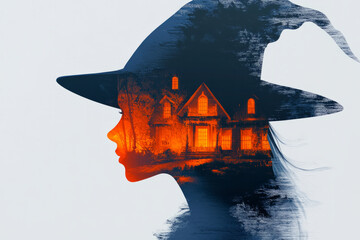 Double exposure of a witch and a halloween haunted house