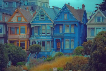 Victorian Houses in Pacific Heights, California. Historic American Architecture with Blue Sky Background