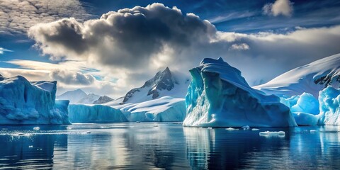 Glacier icebergs floating in Antarctic waters, portraying the effects of global warming