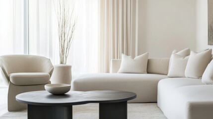 Simple modern living room with sleek furniture and clean decor. Featuring neutral tones and an open design. Showcasing contemporary simplicity. Ideal for interior design presentations