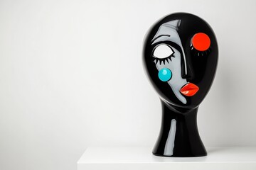 Black and white face with red lips and blue eyes sits on a white shelf. An outline of a head with symbols of negative and positive emotions. Representing emotional balance.