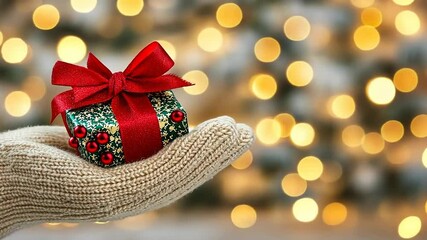 Wall Mural - festive holiday gift in knitted gloves with twinkling lights background