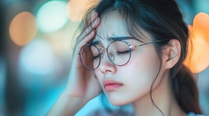 A young woman with glasses appears distressed, holding her head in a contemplative moment.