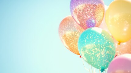 Wall Mural - Sparkling pastel balloons floating against a dreamy blue sky. Concept: celebration and joy.