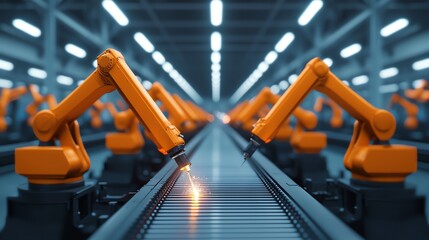 A futuristic factory scene featuring robotic arms working on a conveyor belt, showcasing advanced automation technology and industrial precision.