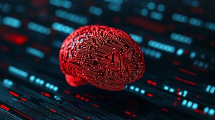 A digital artwork depicting a red brain intertwined with circuit patterns, set against a backdrop of glowing data streams.